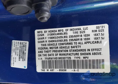 2021 Honda Cr-V 2Wd Ex z USA, uszkodzony, nr VIN 7FARW1H51ME007725